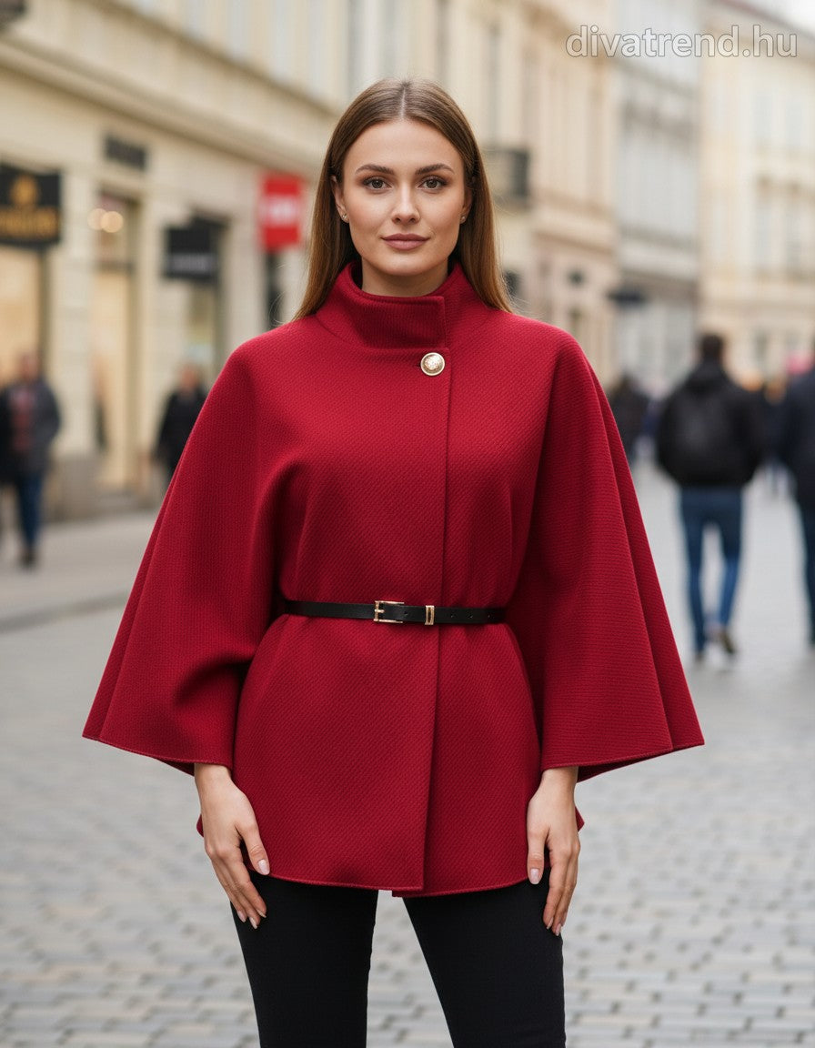 poncsó övvel sávolyszövet piros