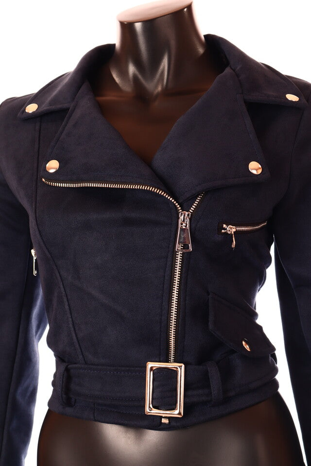 kék sötét velúr kabát övvel