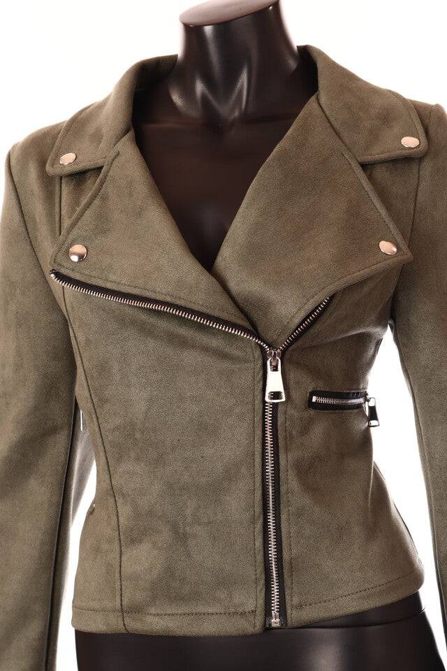 női velúr hatású átmeneti kabát zöld