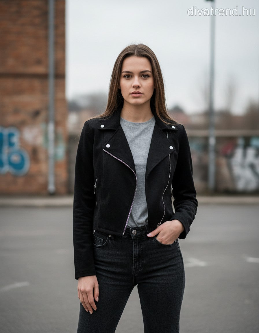 női velúr hatású átmeneti kabát fekete