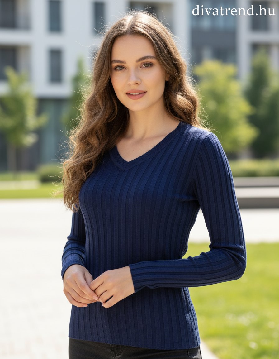 Fashion&Best női vastag kötött felső hosszú ujjú alakhangsúlyozó V nyakú