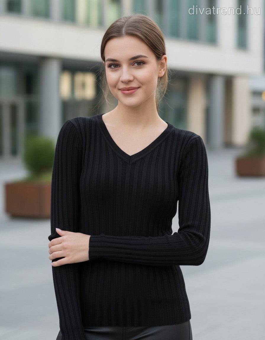 Fashion&Best női vastag kötött felső hosszú ujjú alakhangsúlyozó V nyakú