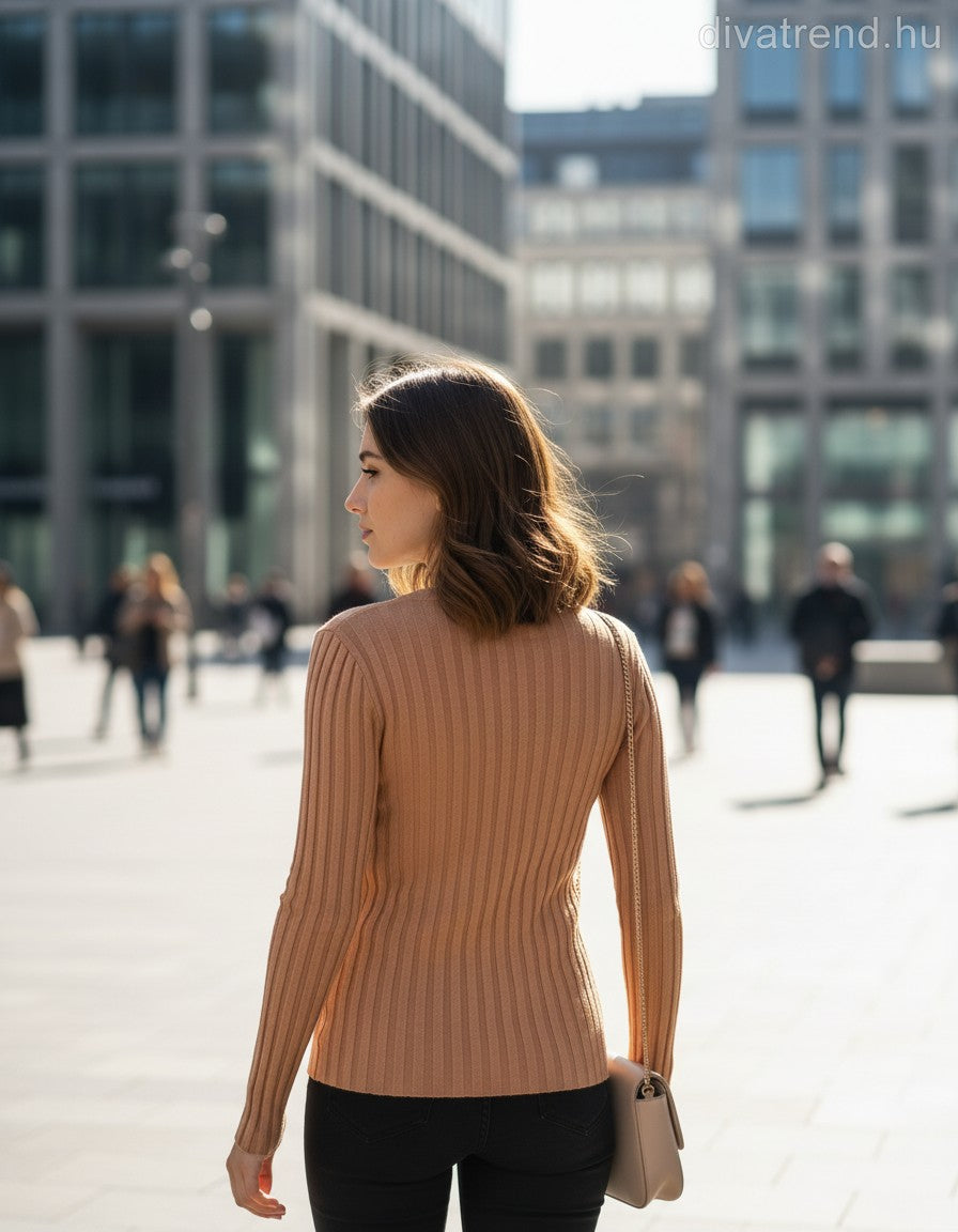 Fashion&Best női vastag kötött felső hosszú ujjú alakhangsúlyozó V nyakú