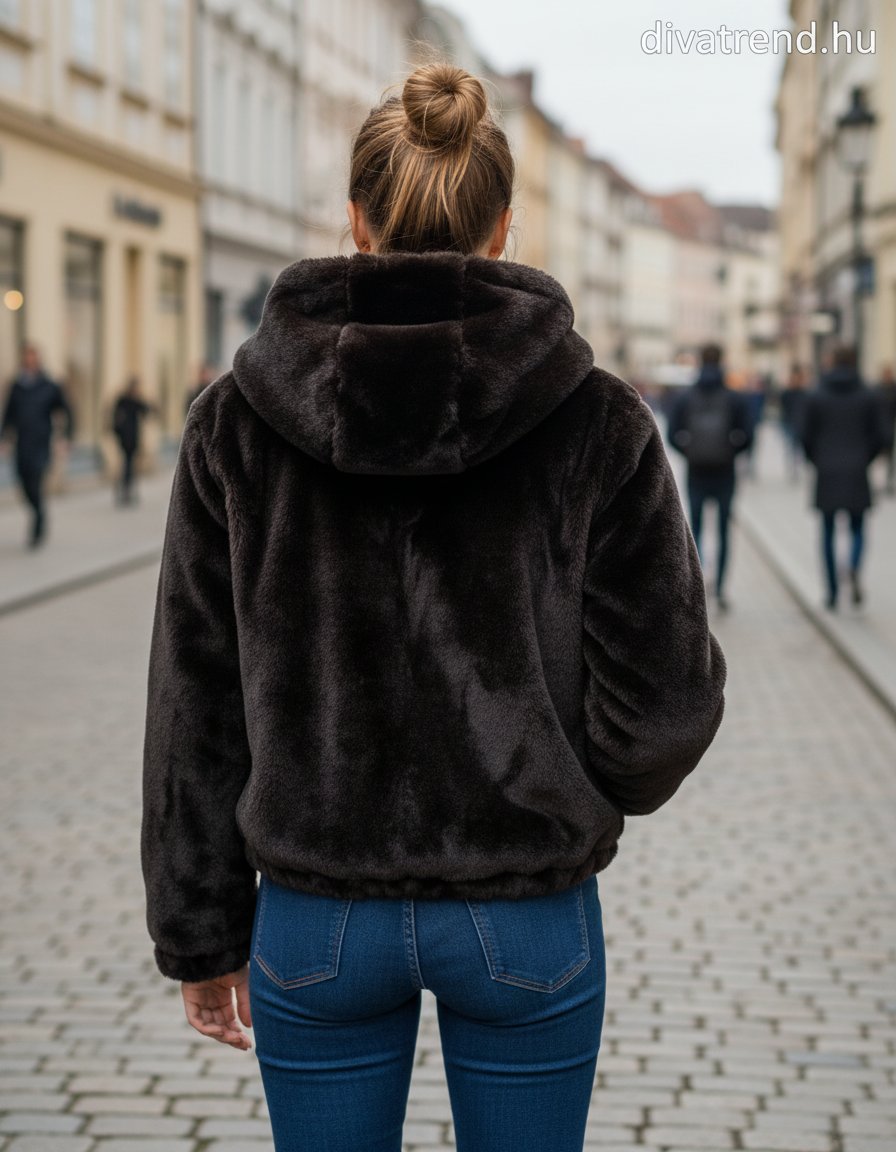 műszőrme kabát kapucnis hátulnézet