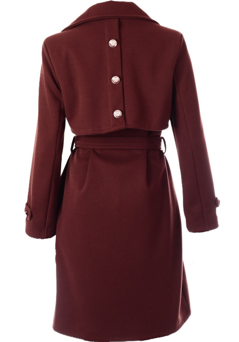 női hosszú átlapolt gombos szövetkabát kötővel hátulról