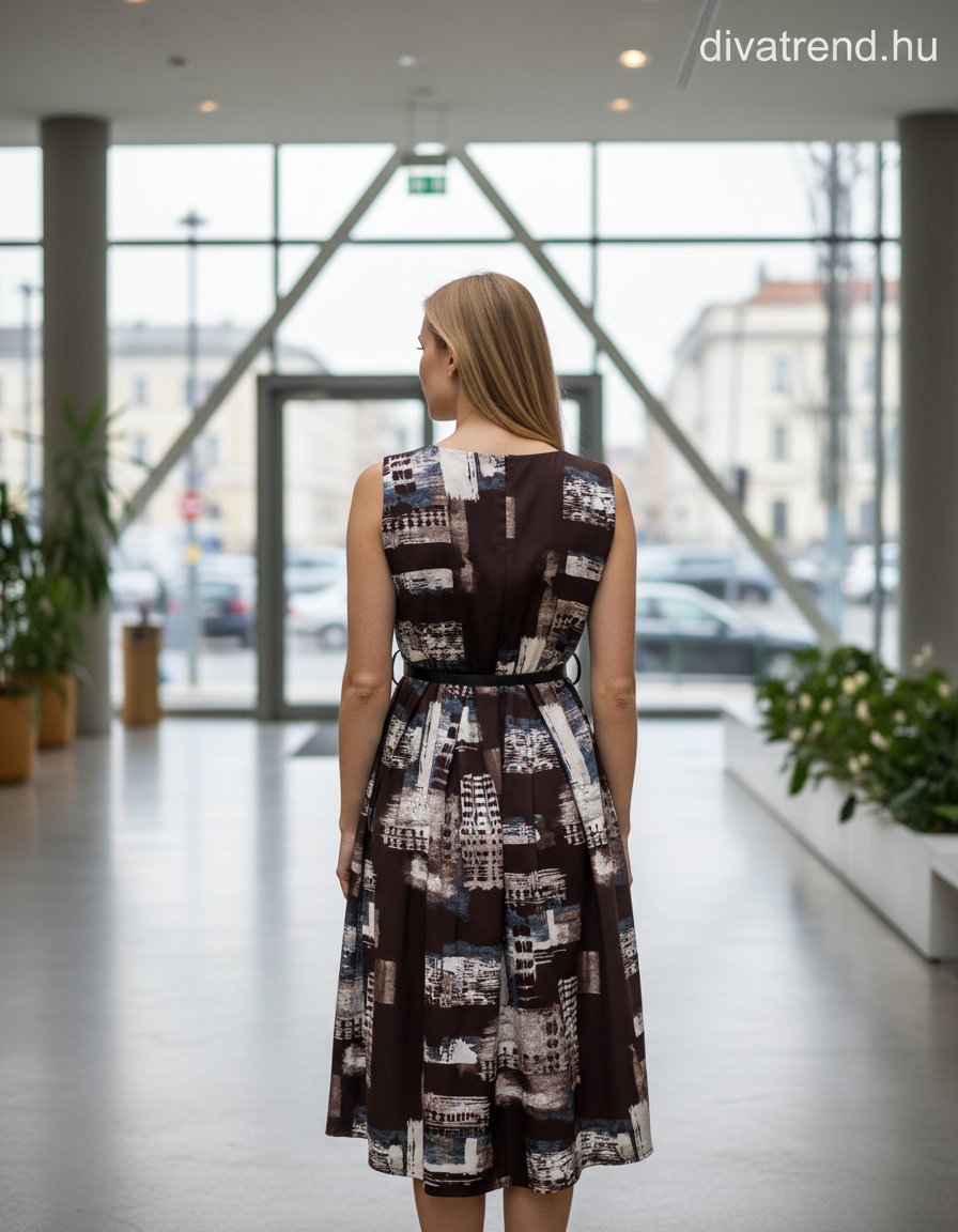olasz női absztrakt mintás vékony ruha ujjatlan kerek nyakú midi