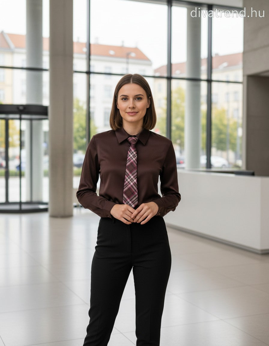 barna sötét női szatén ing nyakkendővel