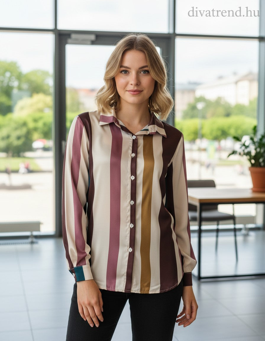 bézs barna sötét női csíkos szatén ing