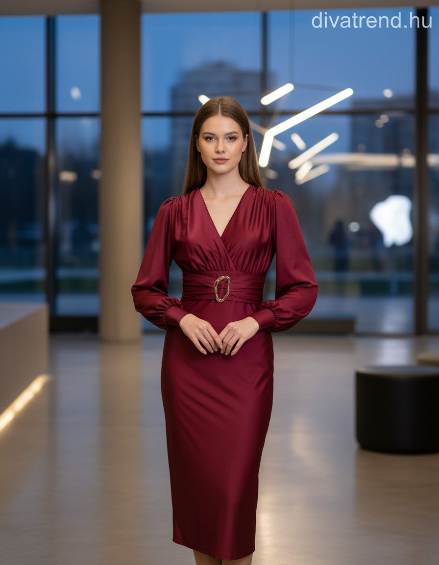 olasz női ruha hosszú ujjú alakhangsúlyozó V nyakú maxi