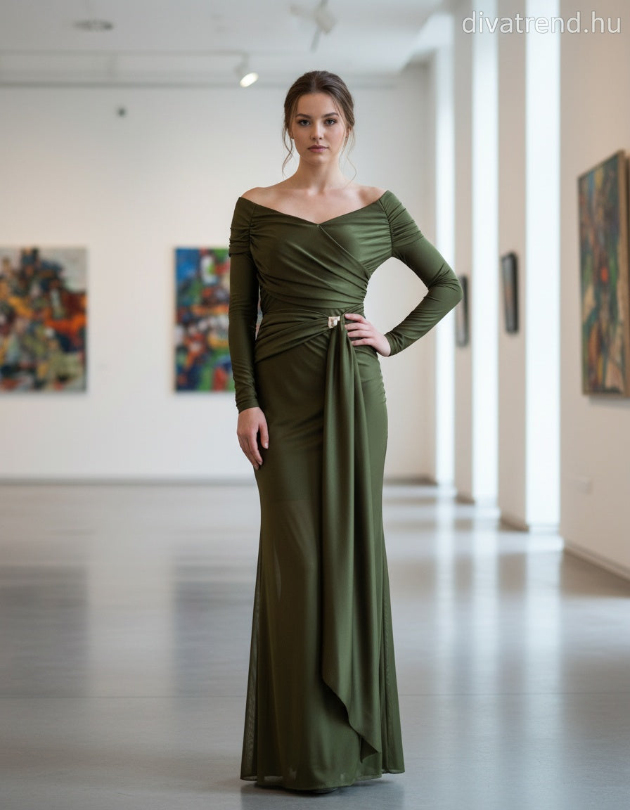 olasz női ruha hosszú ujjú alakhangsúlyozó V nyakú maxi