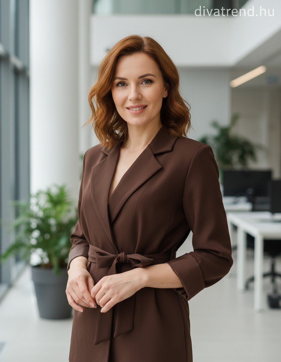 barna sötét női hosszított blézer megkötővel