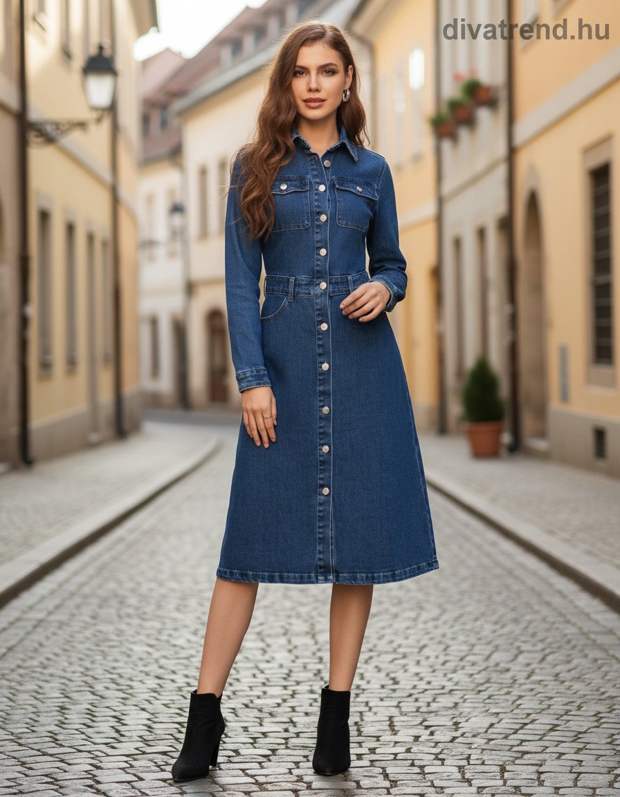 KissPink női farmer ruha hosszú ujjú kerek nyakú térd