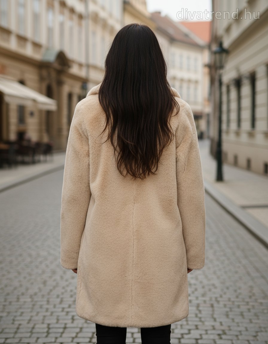 műszőrme kabát, hosszú, V-nyakú, hátulnézet