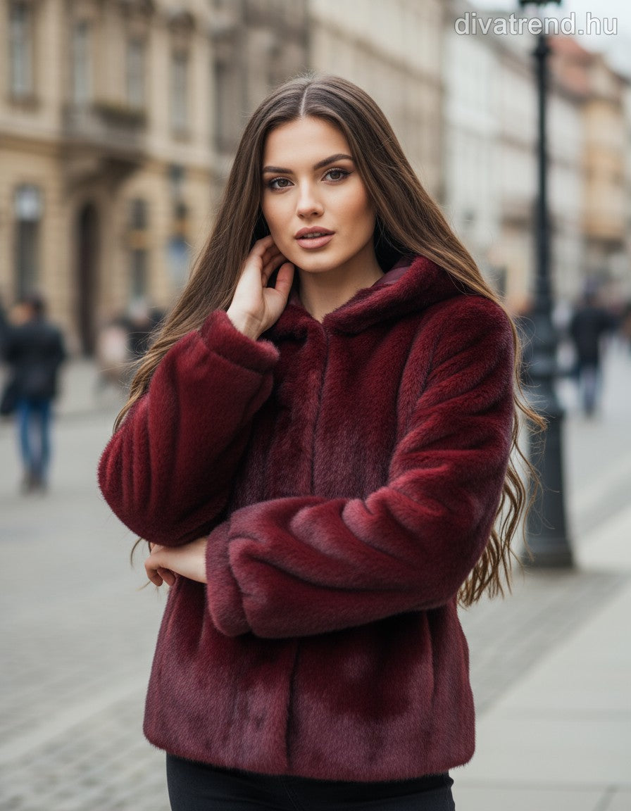 műszőrme kabát kapucnis bordó