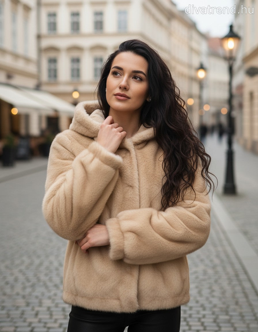 műszőrme kabát kapucnis bézs
