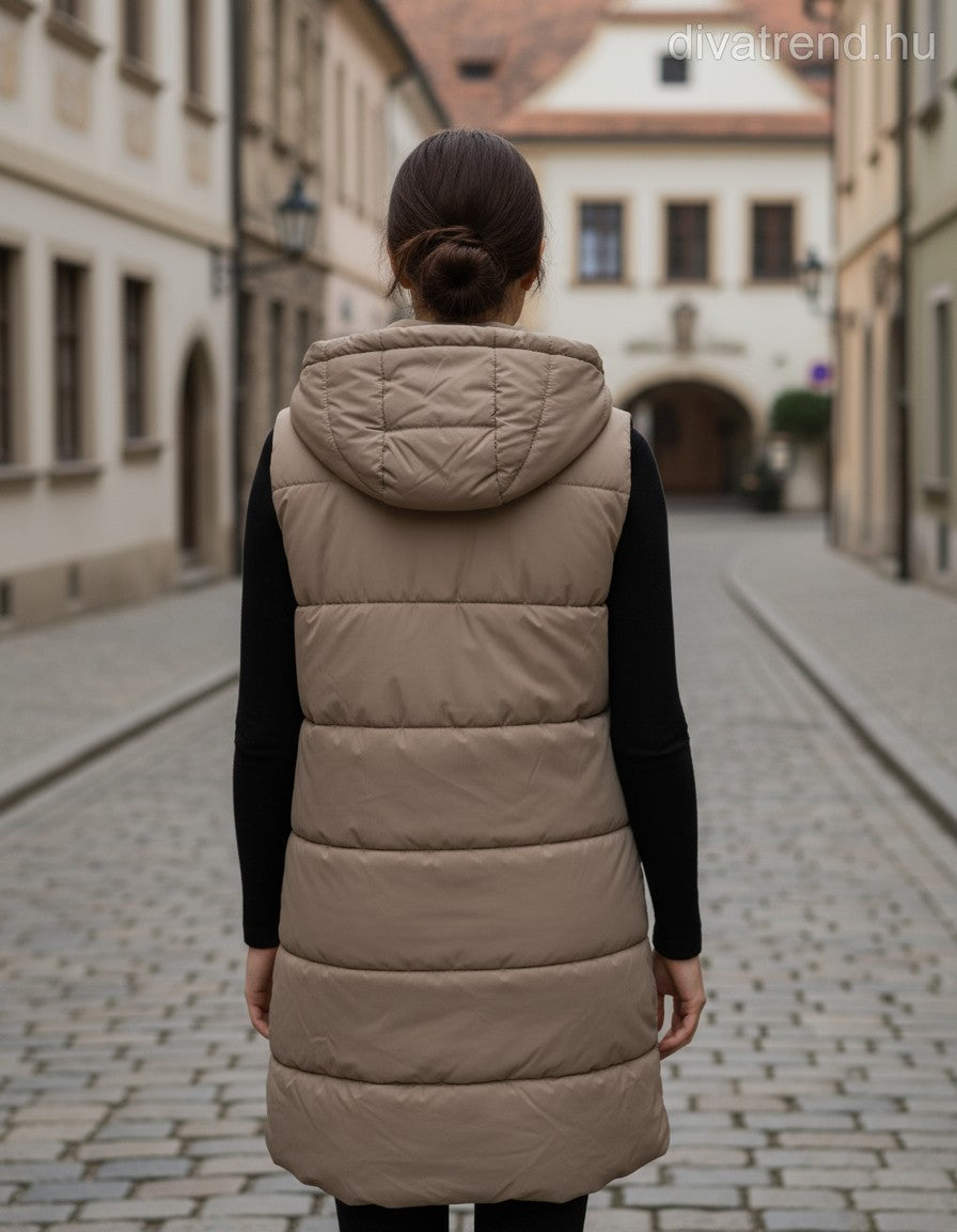 női steppelt mellény hosszú kapucnis hátulnézet