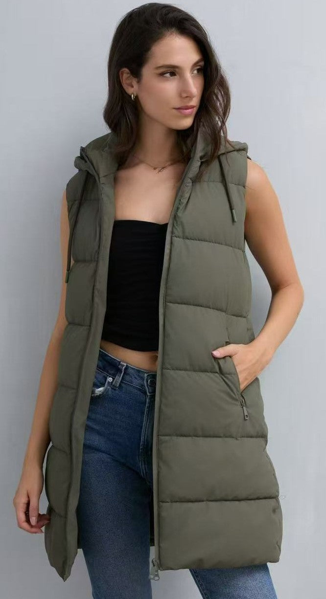 női steppelt mellény hosszú kapucnis khaki