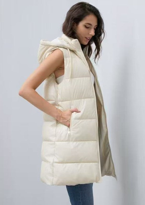női steppelt mellény hosszú kapucnis oldalnézet