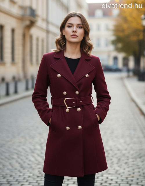 női gombos szövetkabát övvel bordó