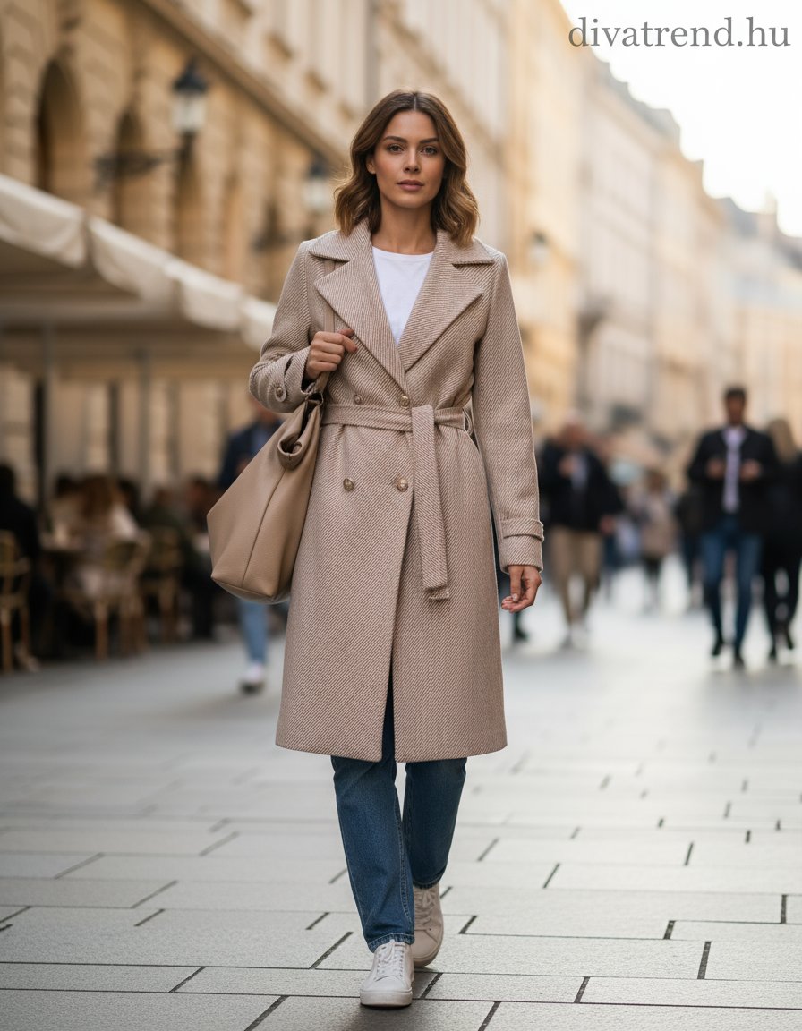 női hosszú átlapolt gombos szövetkabát kötővel bézs