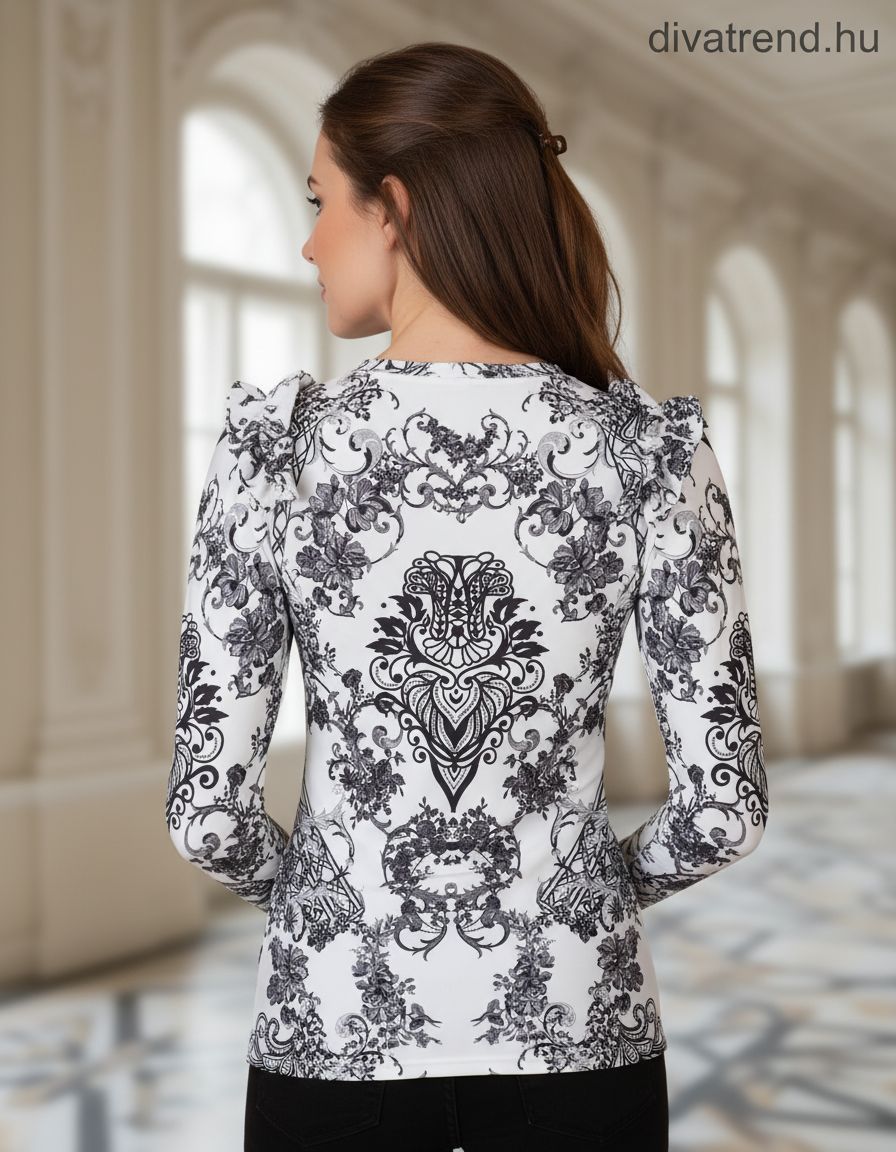 olasz női mintás vékony felső hosszú ujjú kerek nyakú