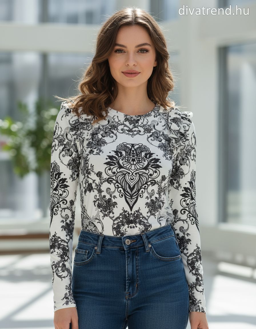 olasz női mintás vékony felső hosszú ujjú kerek nyakú