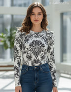 olasz női mintás vékony felső hosszú ujjú kerek nyakú