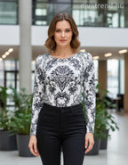 olasz női mintás vékony felső hosszú ujjú kerek nyakú