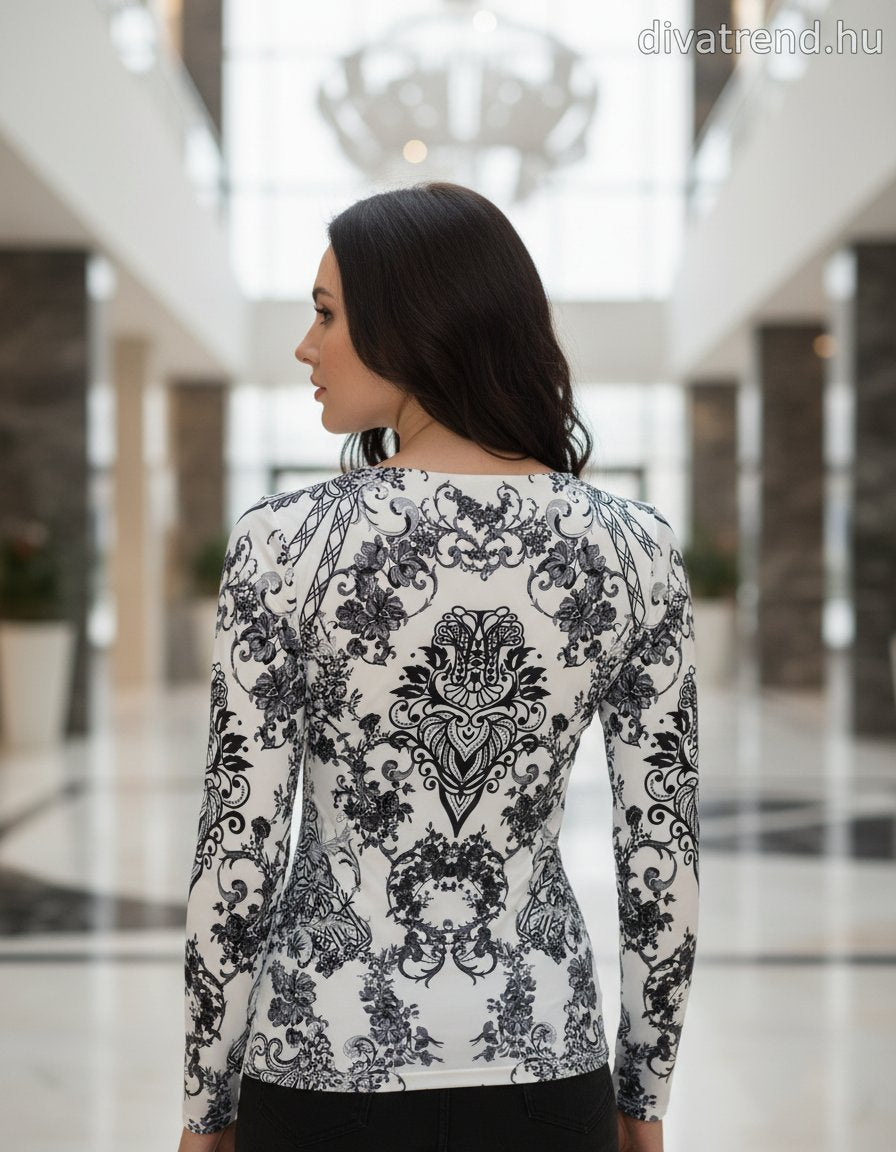 olasz női mintás vékony felső hosszú ujjú kerek nyakú