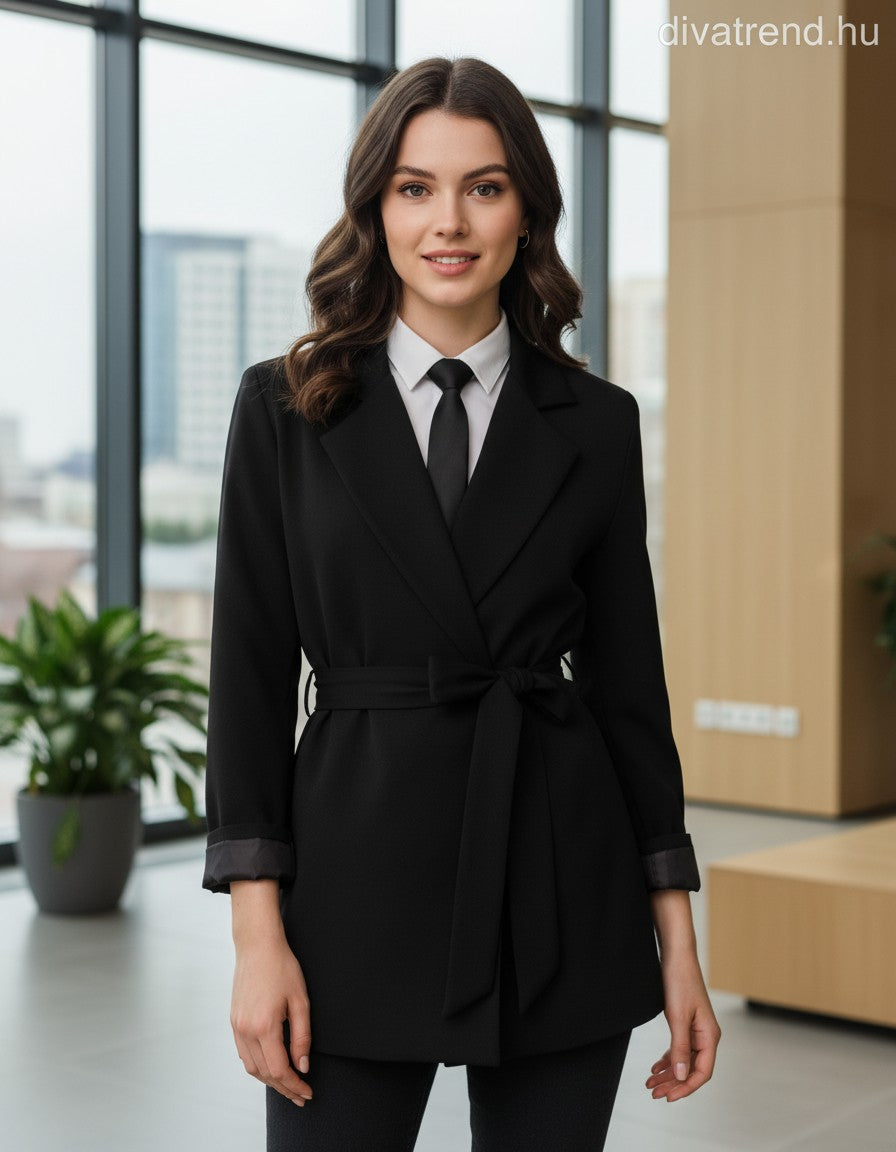 női blézer hosszú V-nyakú kötővel fekete