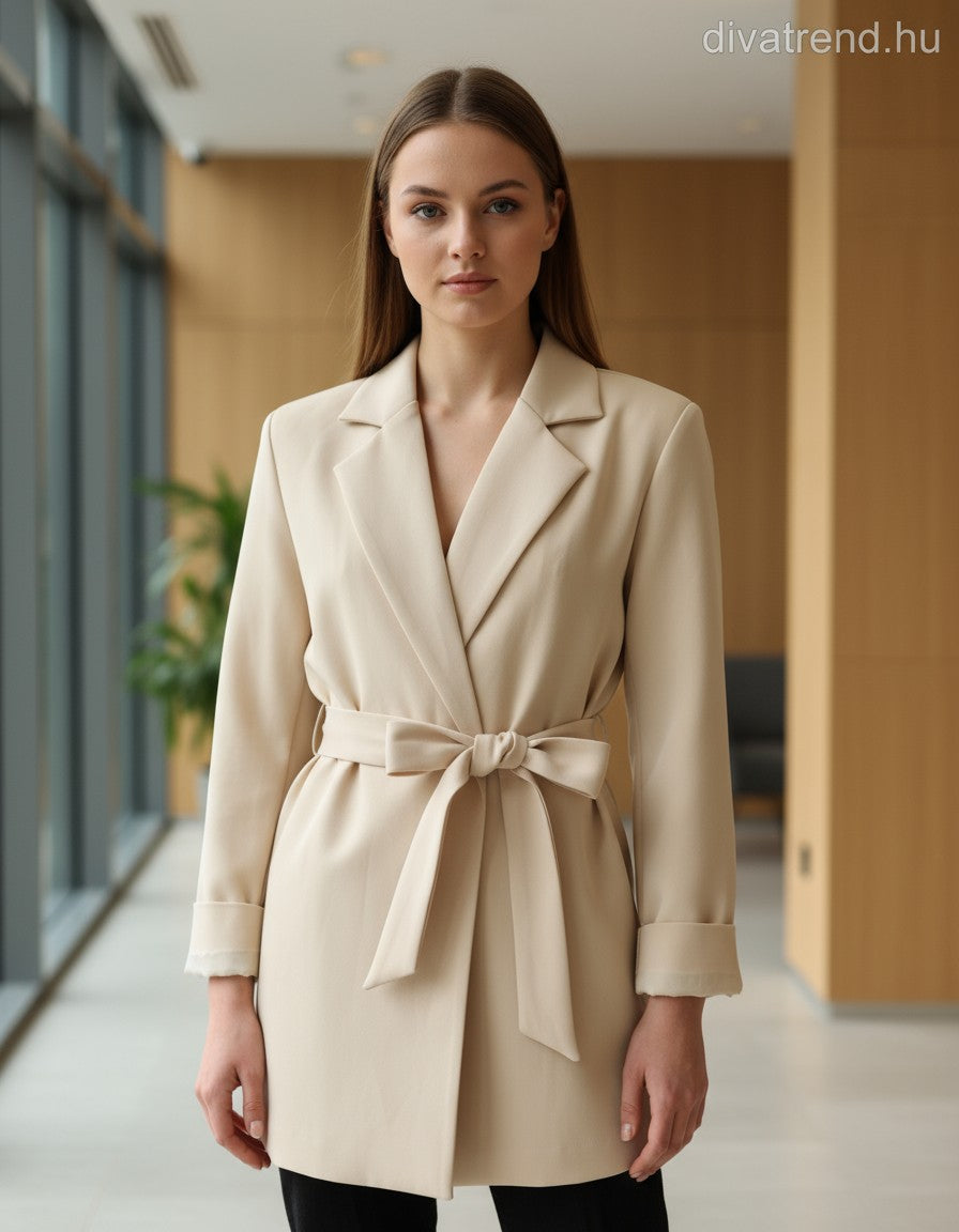 női blézer hosszú V-nyakú kötővel bézs