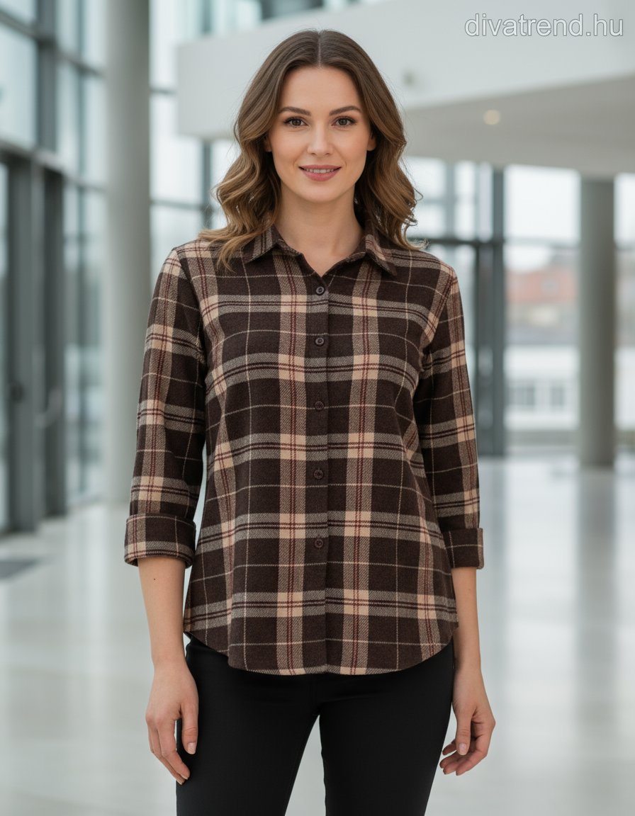ProntoModa női kockás ing hosszú ujjú V nyakú
