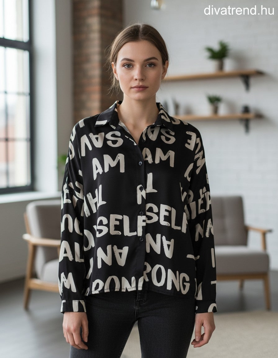 olasz női betű mintás ing hosszú ujjú kerek nyakú