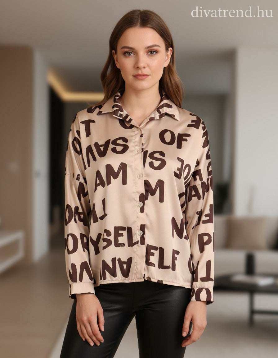 bézs női szatén ing betű mintás