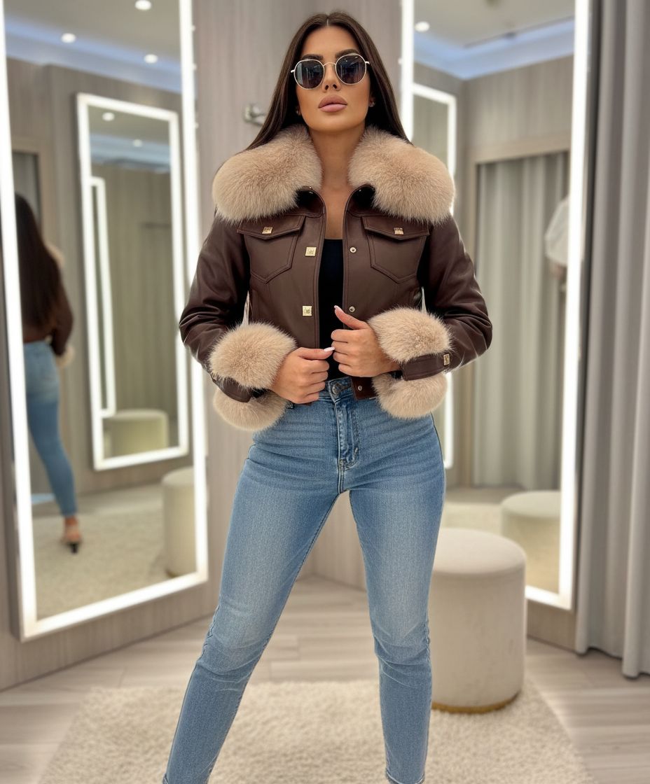 barna bézs bőrkabát női szőrme