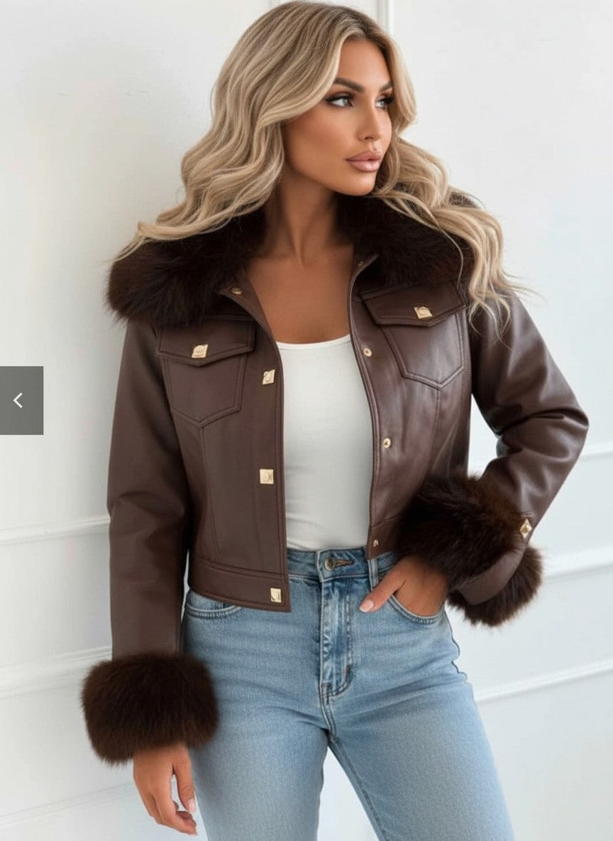 barna barna bőrkabát női szőrme