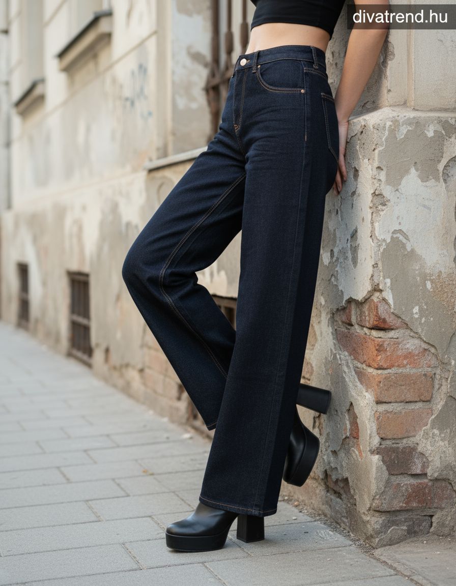 sötétkék wide leg farmer