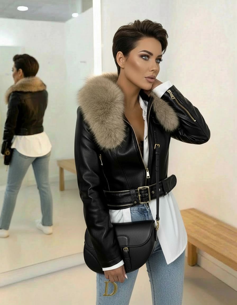 fekete bőrkabát női szőrme