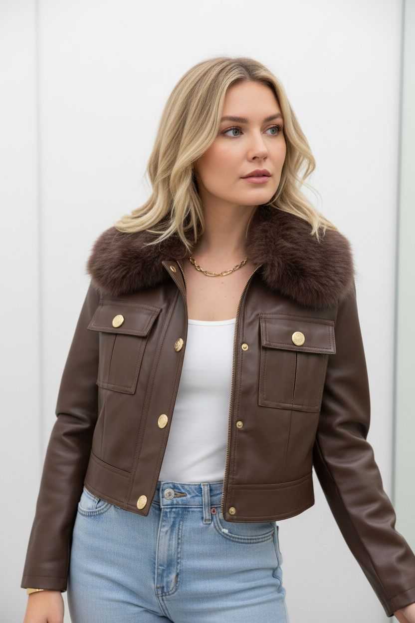 barna sötét barna sötét bőrkabát női szőrme