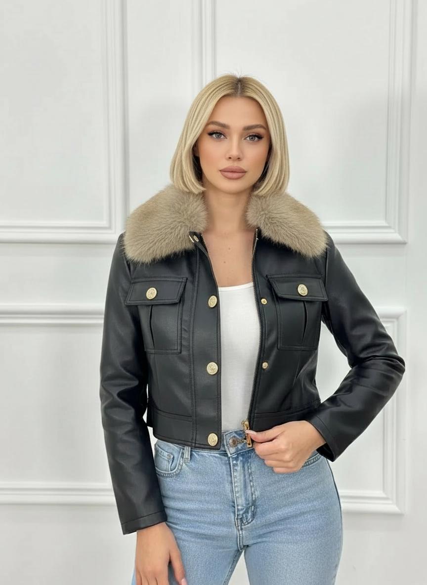 fekete bézs bőrkabát női szőrme
