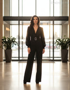 olasz női overál hosszú ujjú hosszú V nyakú