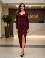 olasz női ruha hosszú ujjú alakhangsúlyozó V nyakú maxi