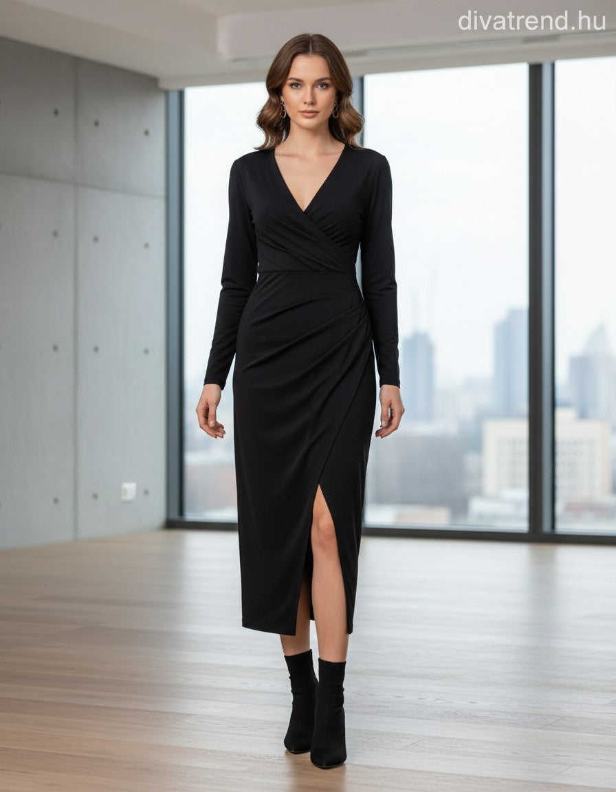 olasz női ruha hosszú ujjú alakhangsúlyozó V nyakú maxi