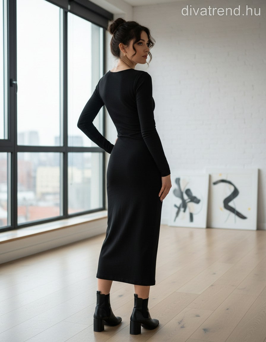 olasz női ruha hosszú ujjú alakhangsúlyozó V nyakú maxi