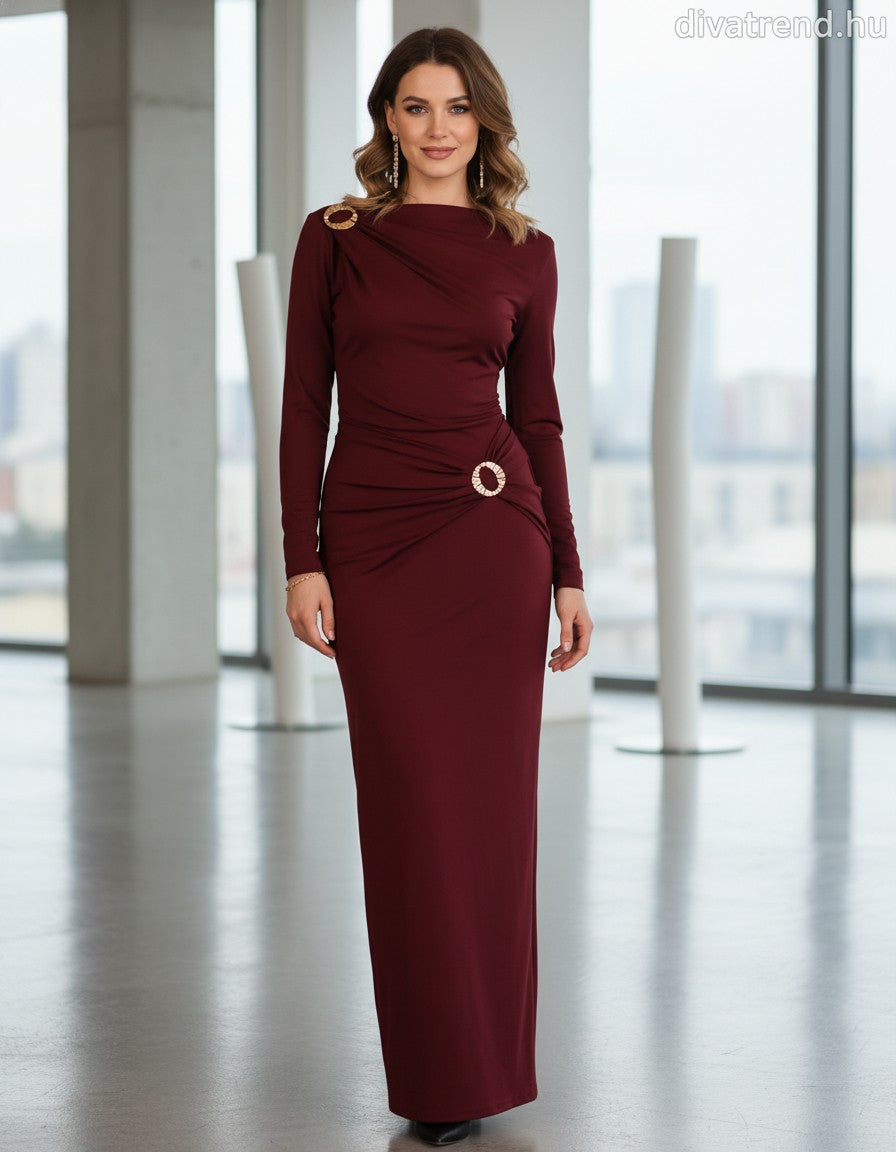 olasz női ruha hosszú ujjú alakhangsúlyozó kerek nyakú maxi