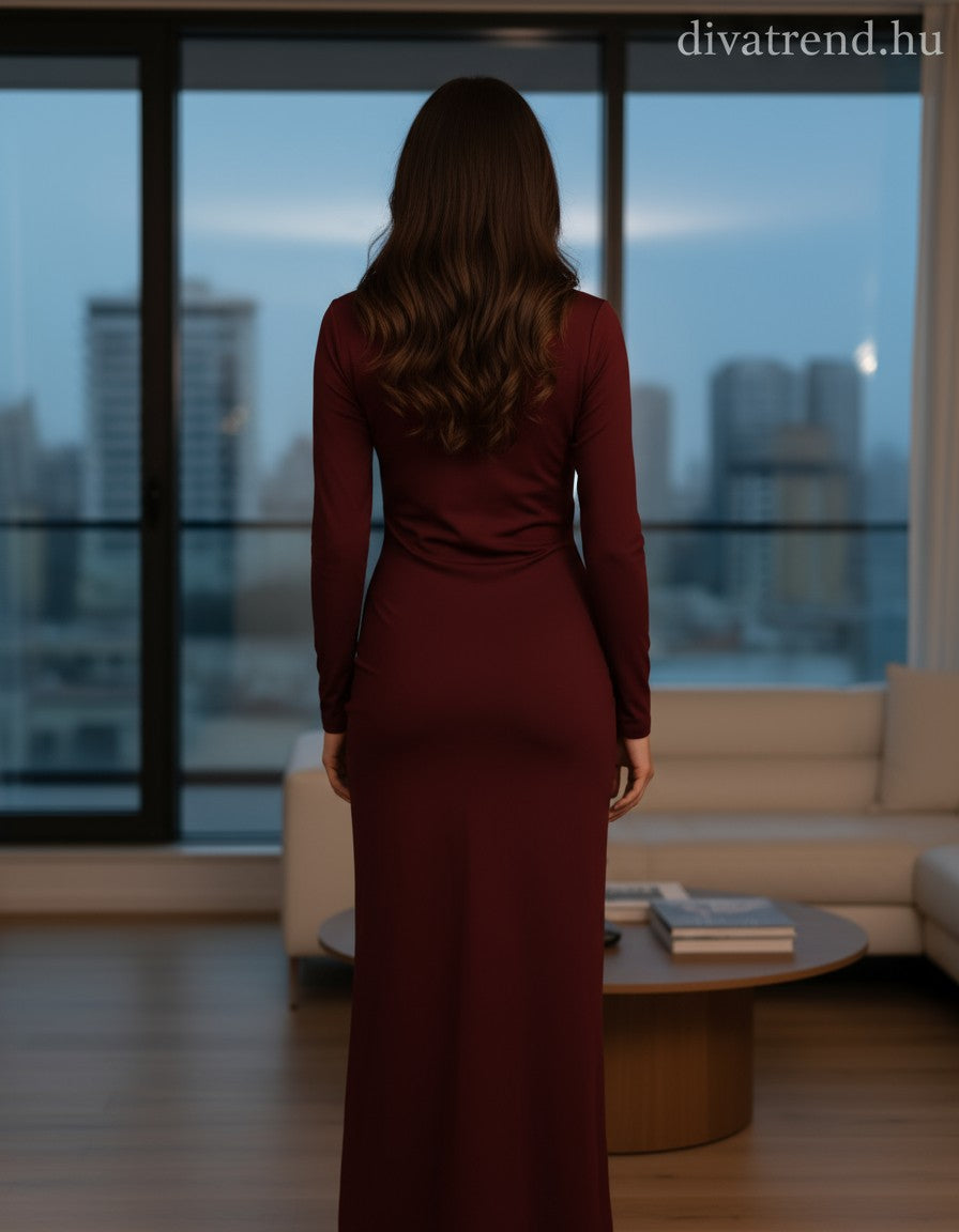 olasz női ruha hosszú ujjú alakhangsúlyozó kerek nyakú maxi