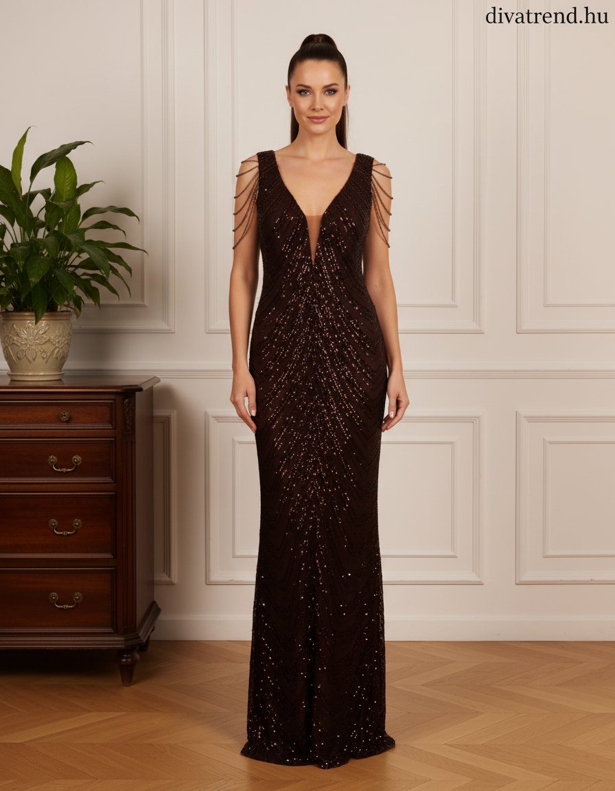 F&P női ruha ujjatlan alakhangsúlyozó V nyakú maxi