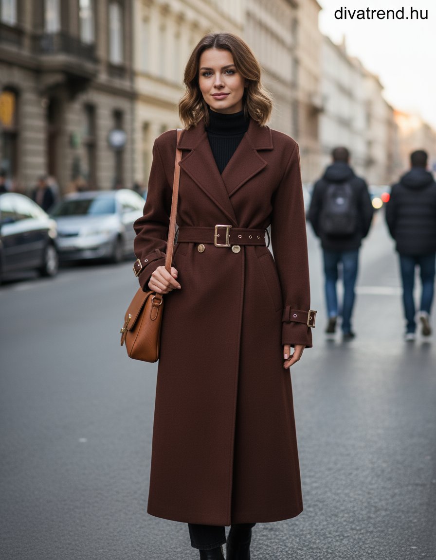 női hosszú átlapolt gombos szövetkabát övvel barna