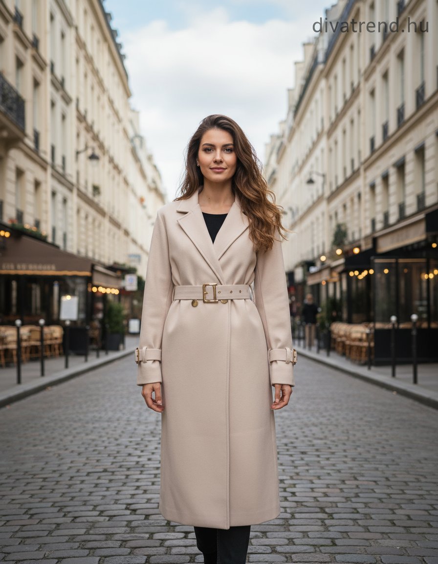 női hosszú átlapolt gombos szövetkabát övvel bézs