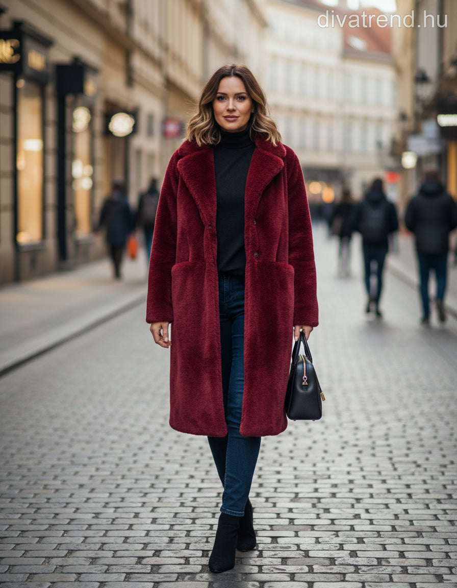 műszőrme kabát, hosszú, V-nyakú, bordó